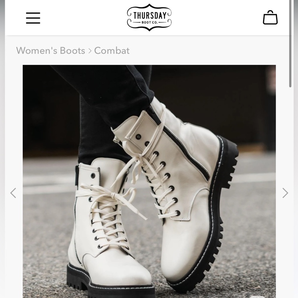 Thursdays Boots White combat boots with black sole and details.
